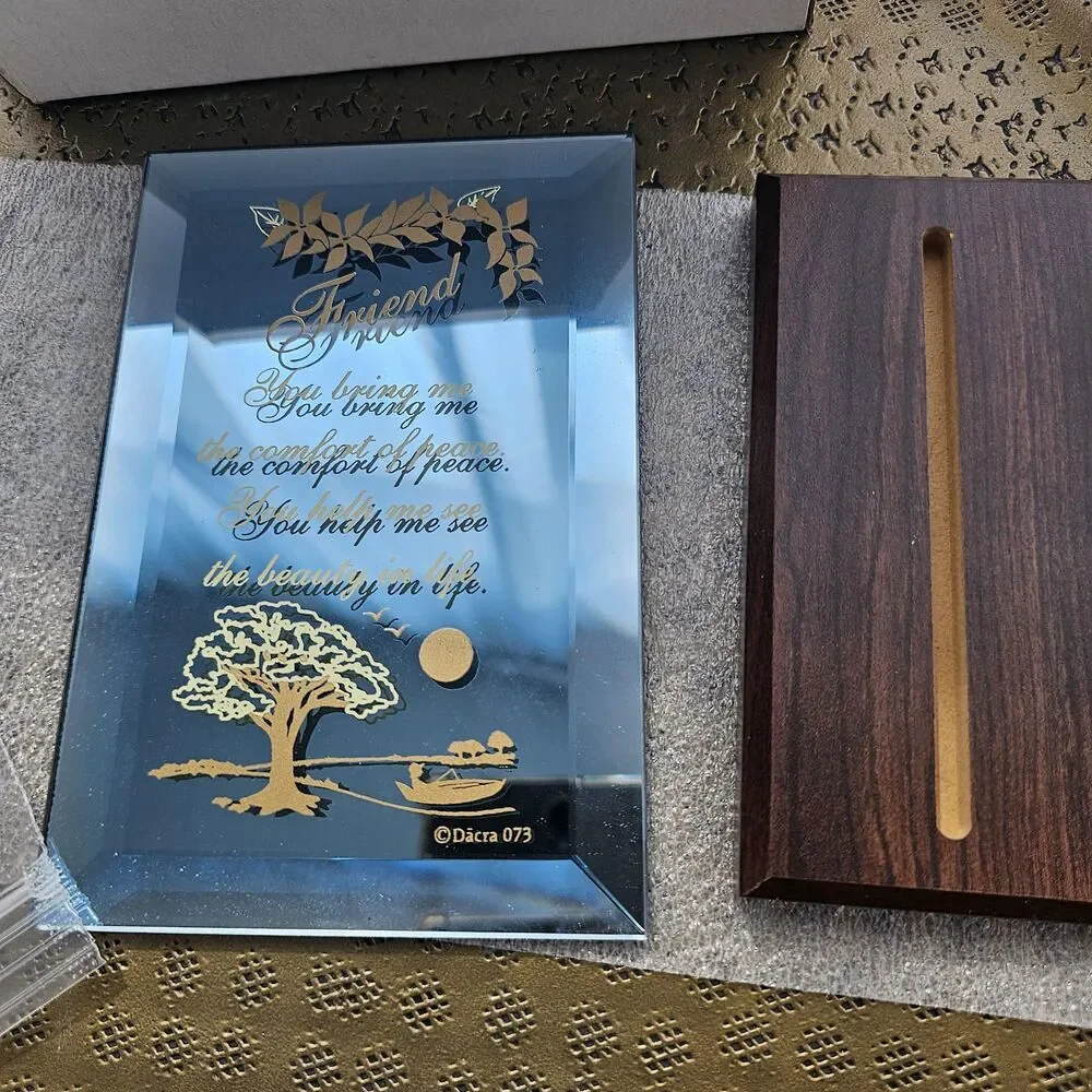 Vintage Glass Friendship Plaque with Wood Stand and Engravable Brass Plate